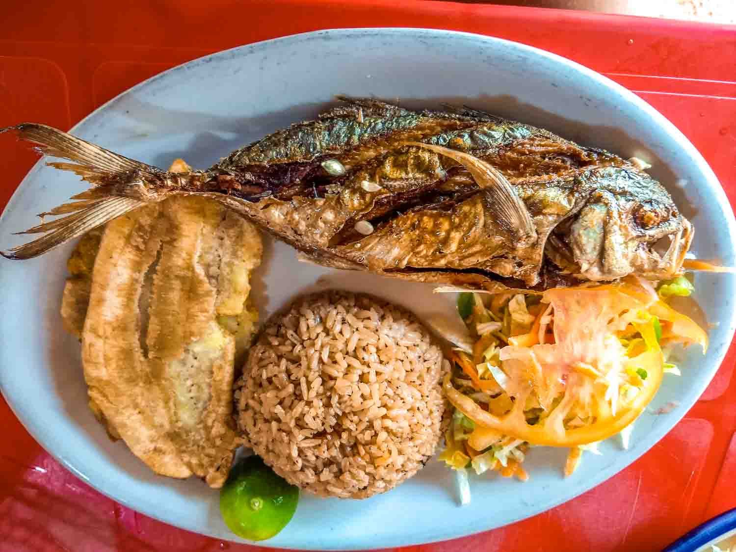 Peixe frito, arroz de coco e patacones comidas colombianas